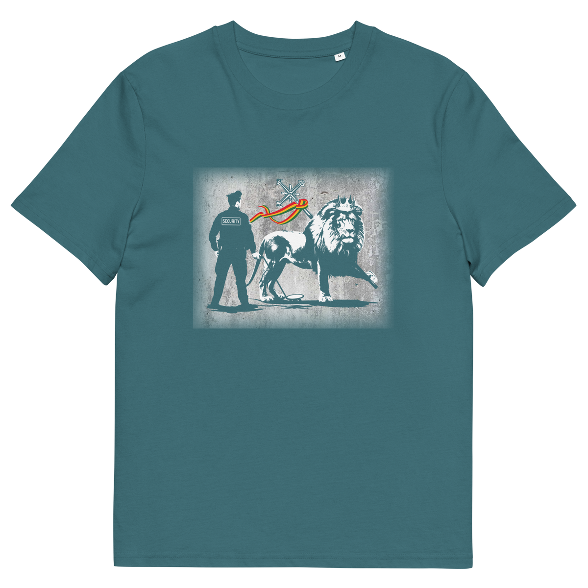 A stargazer blue short sleeved crew neck t-shirt with a graffiti stencil design of a security guard checking the underside of the Lion of Judah for explosives.
