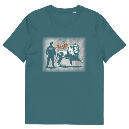 A stargazer blue short sleeved crew neck t-shirt with a graffiti stencil design of a security guard checking the underside of the Lion of Judah for explosives.