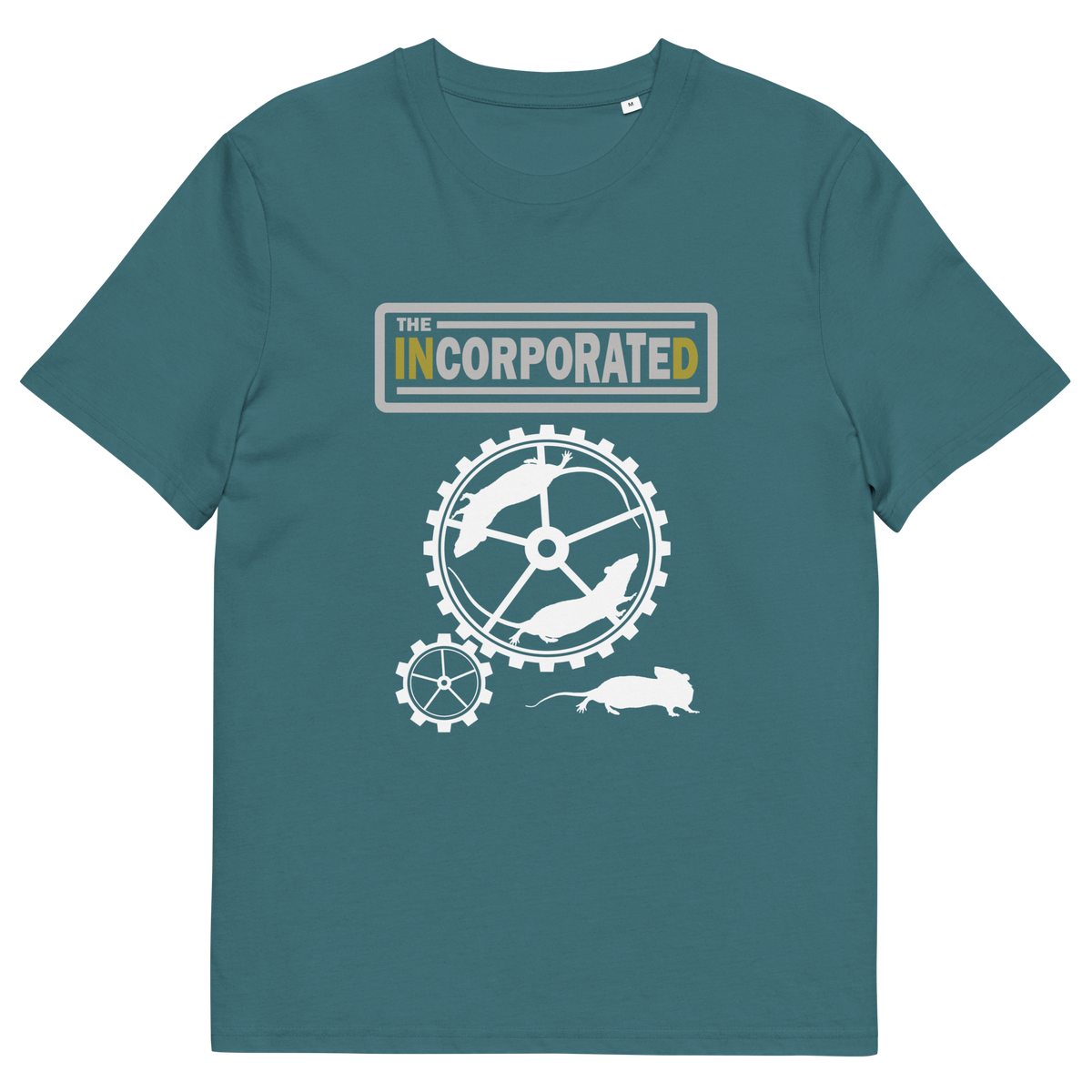 A stargazer blue short sleeved crew neck t-shirt with a text heading of " The Incorporated" above an image of rats running around a wheel.