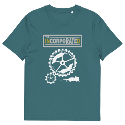 A stargazer blue short sleeved crew neck t-shirt with a text heading of " The Incorporated" above an image of rats running around a wheel.