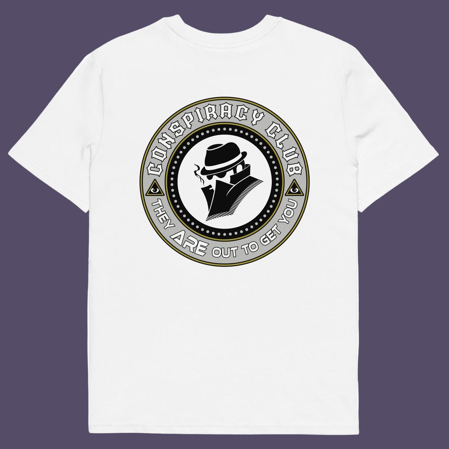 White t shirt back. A conspiracy theorist t shirt. These days there's a conspiracy theory for every occasion, join the club, expand your alternative imagination. Think outside the box. Underground art on apparel. Made from 100% organic ring-spun cotton, these conspiracy theory t shirts are unisex, high-quality, super comfy, and best of all, eco-friendly.