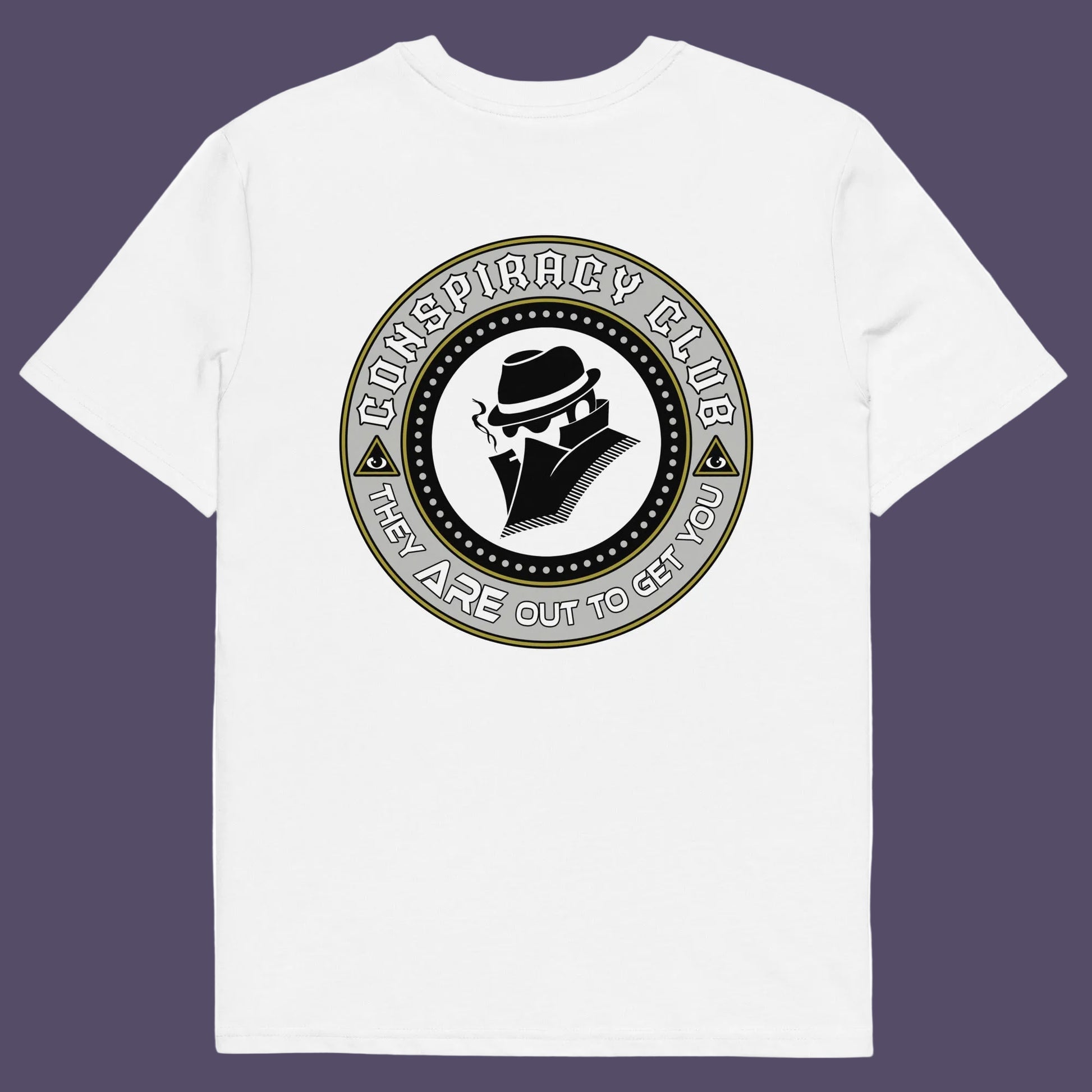 White t shirt back. A conspiracy theorist t shirt. These days there's a conspiracy theory for every occasion, join the club, expand your alternative imagination. Think outside the box. Underground art on apparel. Made from 100% organic ring-spun cotton, these conspiracy theory t shirts are unisex, high-quality, super comfy, and best of all, eco-friendly.