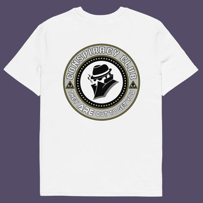 White t shirt back. A conspiracy theorist t shirt. These days there's a conspiracy theory for every occasion, join the club, expand your alternative imagination. Think outside the box. Underground art on apparel. Made from 100% organic ring-spun cotton, these conspiracy theory t shirts are unisex, high-quality, super comfy, and best of all, eco-friendly.