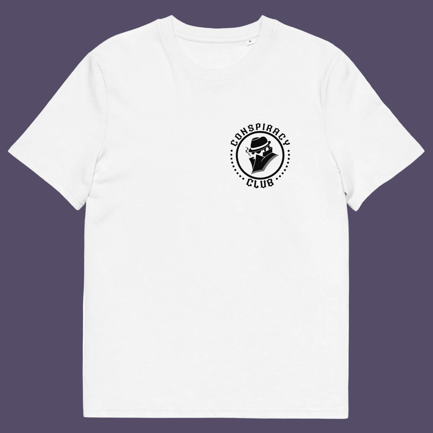 White t shirt front. A conspiracy theorist t shirt. These days there's a conspiracy theory for every occasion, join the club, expand your alternative imagination. Think outside the box. Underground art on apparel. Made from 100% organic ring-spun cotton, these conspiracy theory t shirts are unisex, high-quality, super comfy, and best of all, eco-friendly.