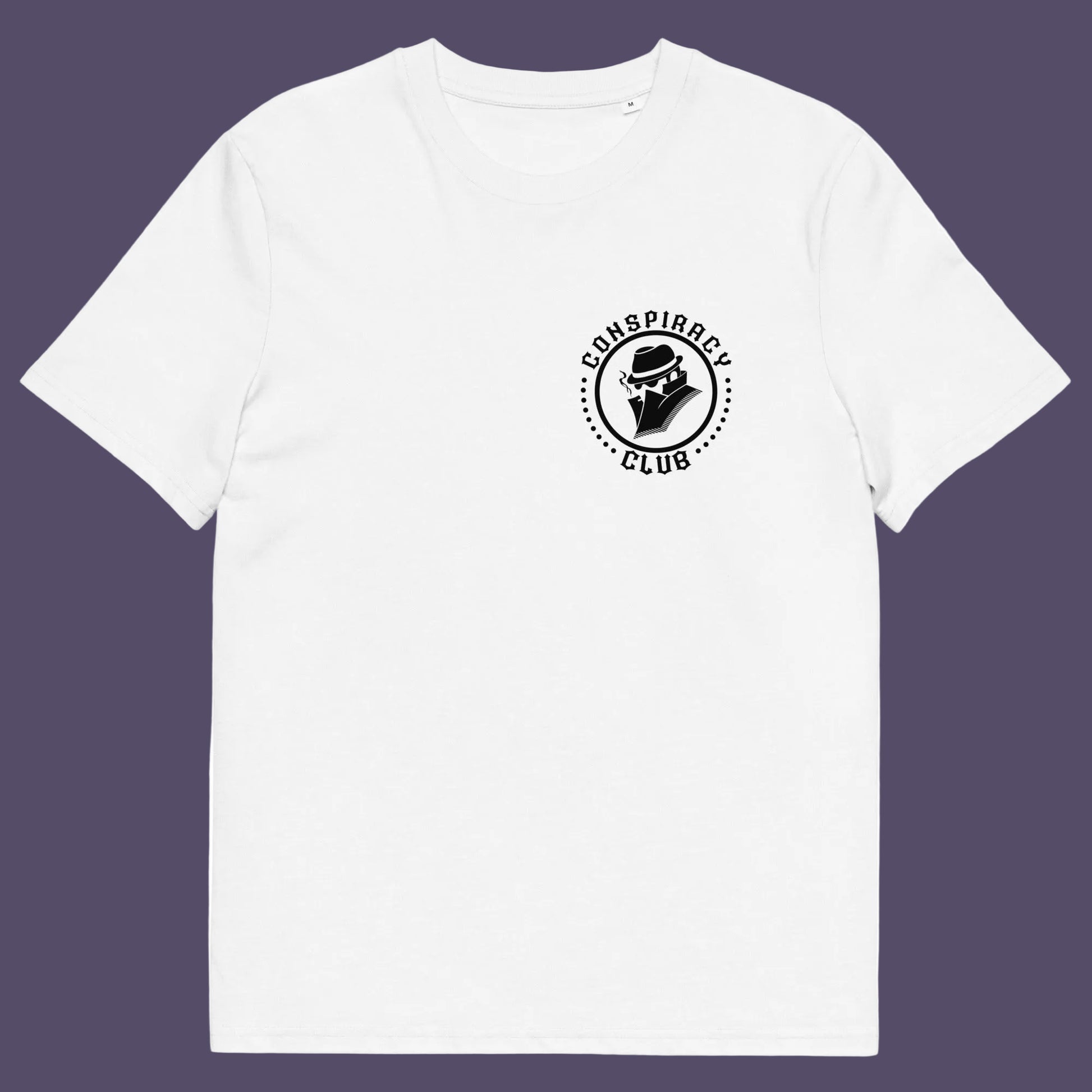 White t shirt front. A conspiracy theorist t shirt. These days there's a conspiracy theory for every occasion, join the club, expand your alternative imagination. Think outside the box. Underground art on apparel. Made from 100% organic ring-spun cotton, these conspiracy theory t shirts are unisex, high-quality, super comfy, and best of all, eco-friendly.