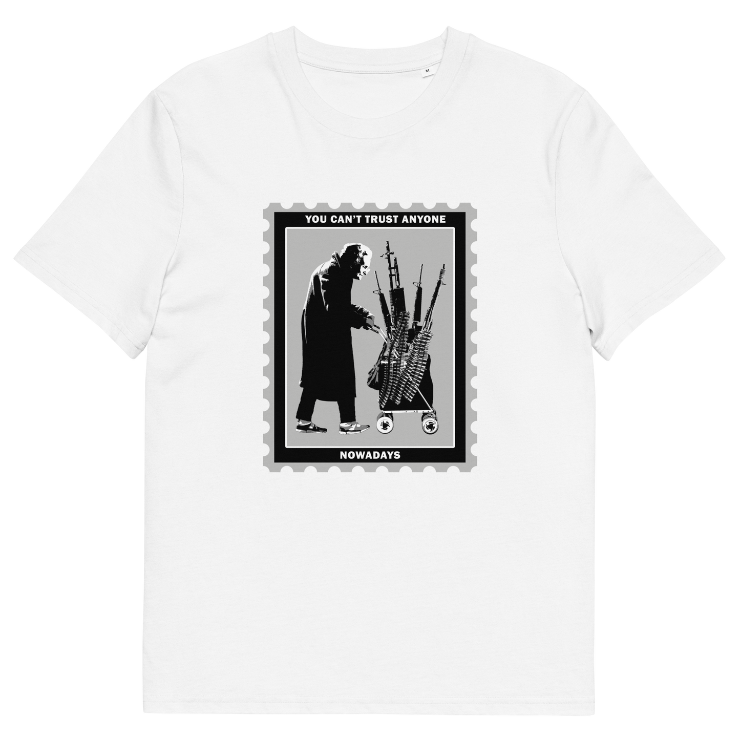 White t shirt. A stencil graffiti t shirt displaying a humorous view of how careful you have to be living in a culture of fear when you come from a more trusting generation. Made from 100% organic ring-spun cotton, this urban art t shirt is unisex, high-quality, super comfy, and best of all, eco-friendly.