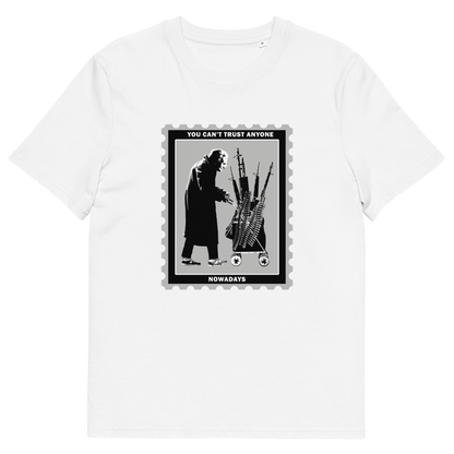 White t shirt. A stencil graffiti t shirt displaying a humorous view of how careful you have to be living in a culture of fear when you come from a more trusting generation. Made from 100% organic ring-spun cotton, this urban art t shirt is unisex, high-quality, super comfy, and best of all, eco-friendly.