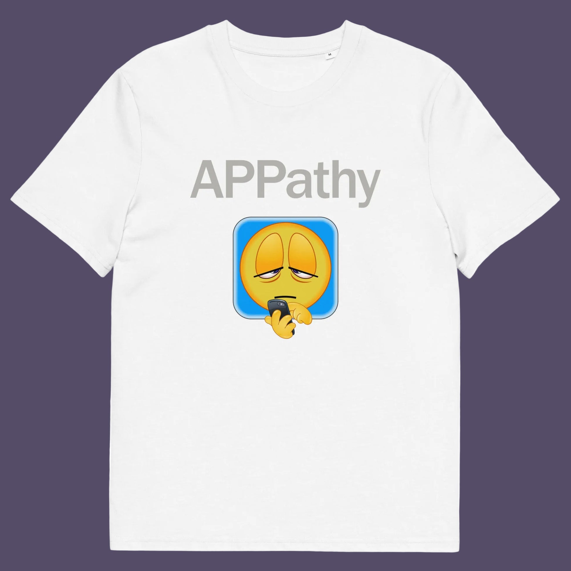 White t shirt. This anti mobile phone abuse t shirt promotes social awareness of the amount of apps we now need in modern society. This unique emoji t-shirt design is for everyone who doesn't feel they are a child of the mobile phone. Made from 100% organic ring-spun cotton, this anti smart phone abuse t shirt is unisex, high-quality, super comfy, and best of all, eco-friendly.