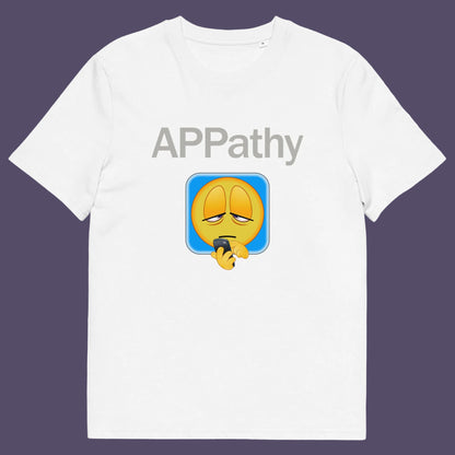 White t shirt. This anti mobile phone abuse t shirt promotes social awareness of the amount of apps we now need in modern society. This unique emoji t-shirt design is for everyone who doesn't feel they are a child of the mobile phone. Made from 100% organic ring-spun cotton, this anti smart phone abuse t shirt is unisex, high-quality, super comfy, and best of all, eco-friendly.
