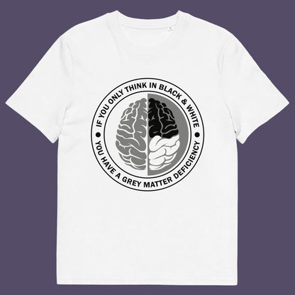White t shirt. A stencil art t shirt design. It would be so easy if life was black and white, but it's the grey area where all the thinking and personal growth is done. A philosophy t shirt design for people who see the detail and can think outside the box. Made from 100% organic ring-spun cotton, this social awareness t shirt is unisex, high-quality, super comfy, and best of all, eco-friendly.