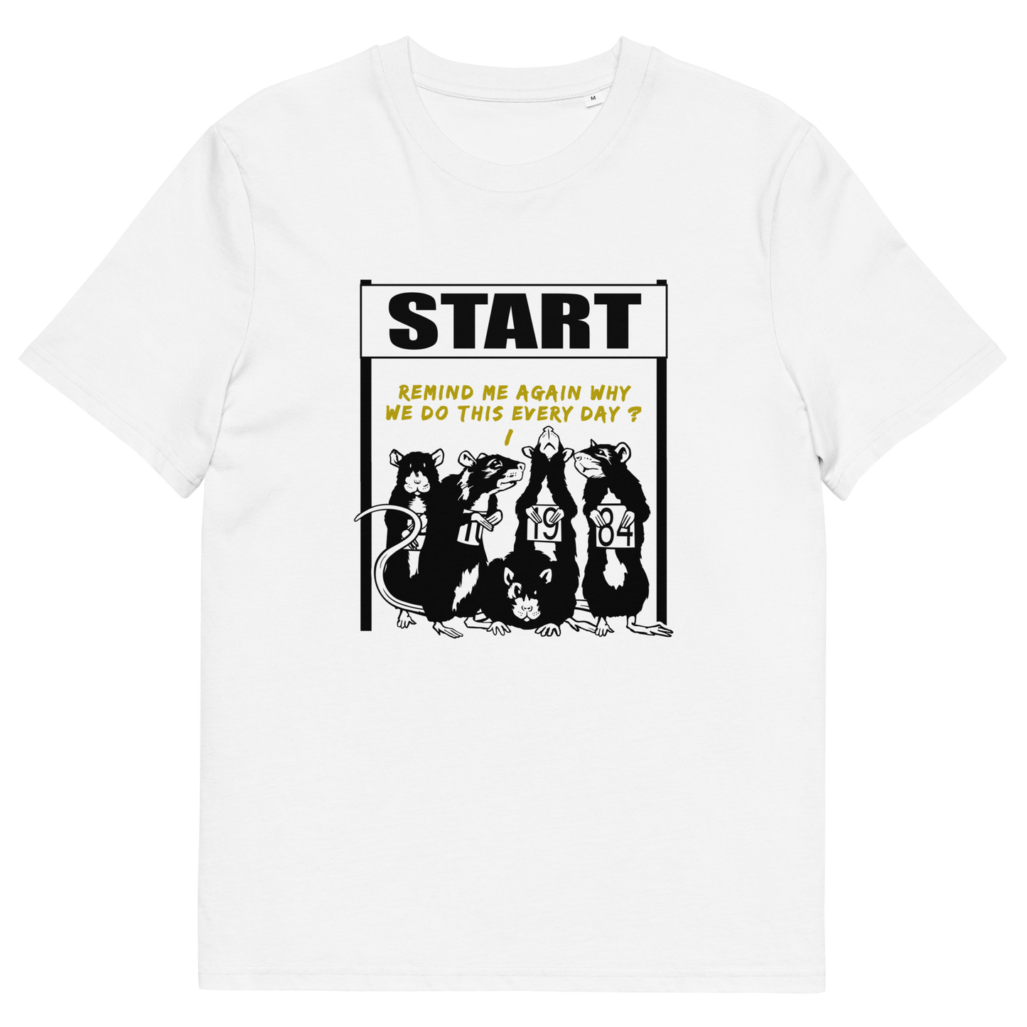 White t shirt. This stencil graffiti t shirt represents the monotony of everyday working life. A unique satirical design for those times when life starts to feel a little repetitive, unnecessary, and questionable. Made from 100% organic ring-spun cotton, this urban art t shirt is unisex, high-quality, super comfy, and best of all, eco-friendly.