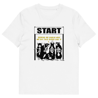 White t shirt. This stencil graffiti t shirt represents the monotony of everyday working life. A unique satirical design for those times when life starts to feel a little repetitive, unnecessary, and questionable. Made from 100% organic ring-spun cotton, this urban art t shirt is unisex, high-quality, super comfy, and best of all, eco-friendly.