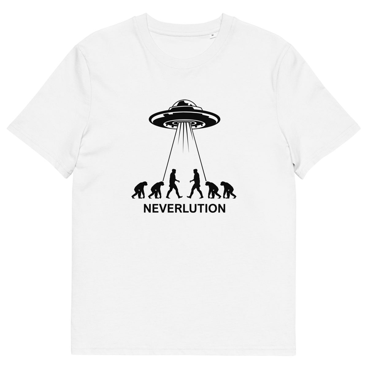 White t shirt. An alien conspiracy theory t-shirt suggesting a different path of our evolution. Did evolution never really happen the way we are told, or is there a more intergalactic and colourful answer ? Made from 100% organic ring-spun cotton, this conspiracy theory t-shirt is unisex, high-quality, super comfy, and best of all, eco-friendly.