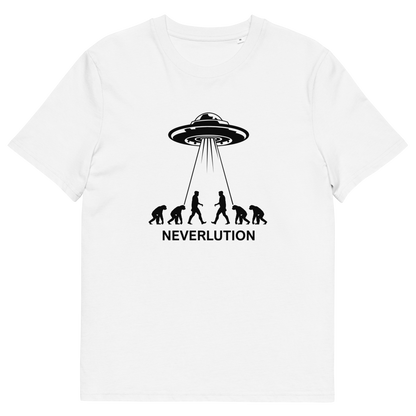White t shirt. An alien conspiracy theory t-shirt suggesting a different path of our evolution. Did evolution never really happen the way we are told, or is there a more intergalactic and colourful answer ? Made from 100% organic ring-spun cotton, this conspiracy theory t-shirt is unisex, high-quality, super comfy, and best of all, eco-friendly.