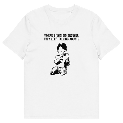 A white short-sleeve crewneck t-shirt with a black graphic print of a baby holding a phone and the text 'WHERE'S THIS BIG BROTHER THEY KEEP TALKING ABOUT?' on the chest.