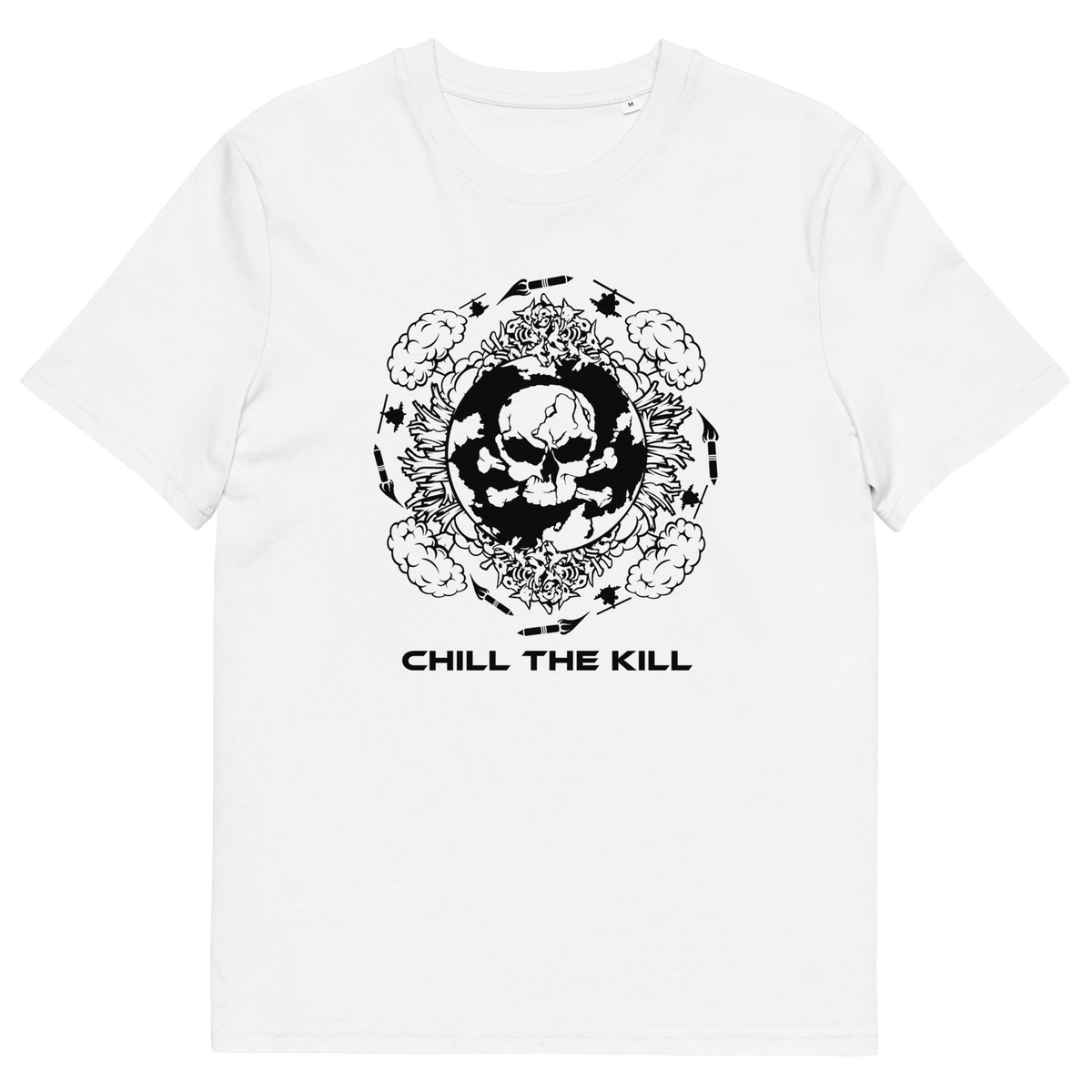 A white short-sleeve crewneck t-shirt featuring a black graphic print of a skull surrounded by flowers and the text 'CHILL THE KILL' printed below it.