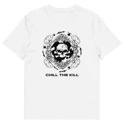A white short-sleeve crewneck t-shirt featuring a black graphic print of a skull surrounded by flowers and the text 'CHILL THE KILL' printed below it.