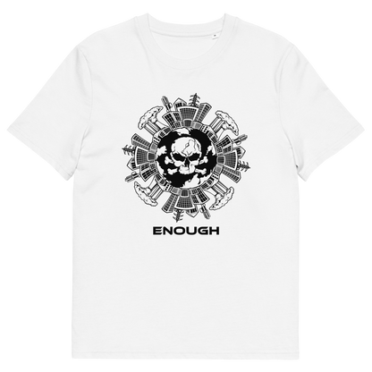 A white short-sleeve crewneck t-shirt featuring a black circular graphic of a skull surrounded by industrial machinery and the word 'ENOUGH' printed below it.