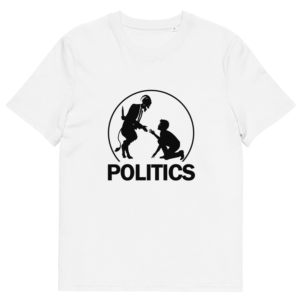 A white short-sleeve crewneck t-shirt with a black graphic print on the chest. The graphic features a circular silhouette illustration of a standing figure reaching toward a kneeling figure, with the word 'POLITICS' printed in bold white capital letters underneath.