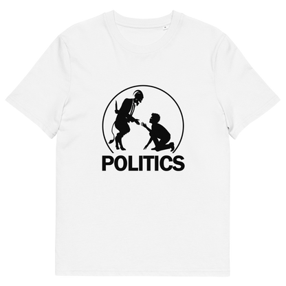 A white short-sleeve crewneck t-shirt with a black graphic print on the chest. The graphic features a circular silhouette illustration of a standing figure reaching toward a kneeling figure, with the word 'POLITICS' printed in bold white capital letters underneath.