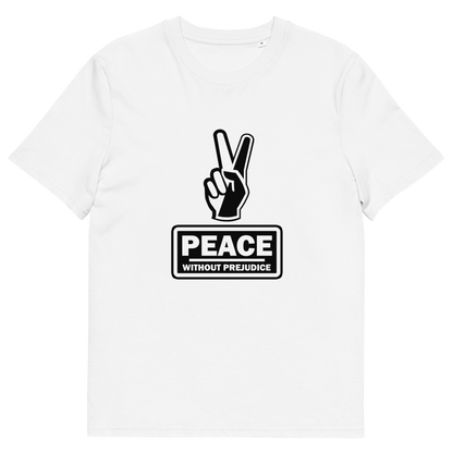 A white t-shirt with a black printed peace sign and "Peace without prejudice" written underneath.