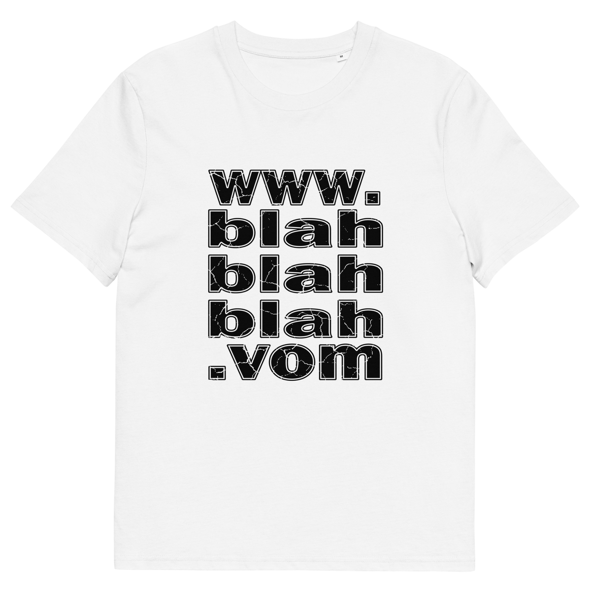 White t-shirt with "www.blahblahblah.vom" text design.