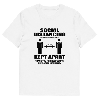 A white short-sleeve crewneck t-shirt with a white graphic print on the front. The graphic features the text 'SOCIAL DISTANCING' and 'KEPT APART' with stick figures representing the recommended distance, labelled 'MILES'.