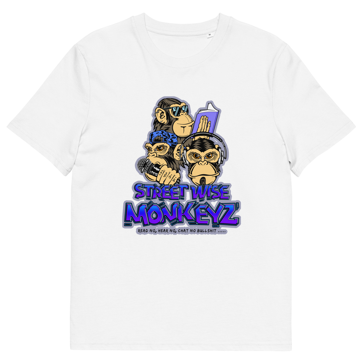 A white short-sleeve crewneck t-shirt featuring a colourful graphic print of three cartoon monkeys with the text 'STREET WISE MONKEYZ' in purple and blue.