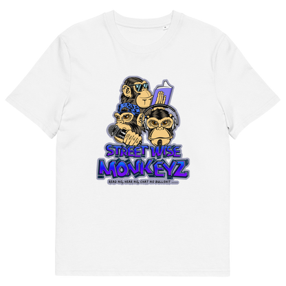A white short-sleeve crewneck t-shirt featuring a colourful graphic print of three cartoon monkeys with the text 'STREET WISE MONKEYZ' in purple and blue.