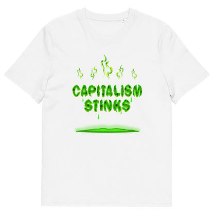 A white short sleeved crew neck t-shirt with "CAPITALISM STINKS" printed in a mouldy green cheese style.