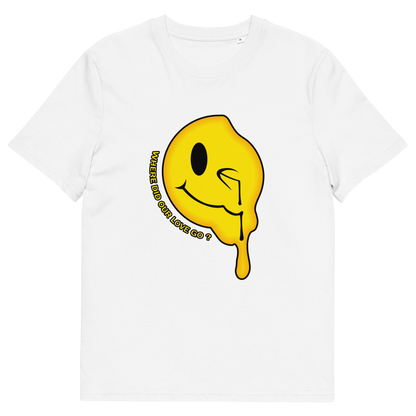 A white  short sleeved crew neck t-shirt with a yellow dripping smiley face and the text "WHERE DID OUR LOVE GO?".