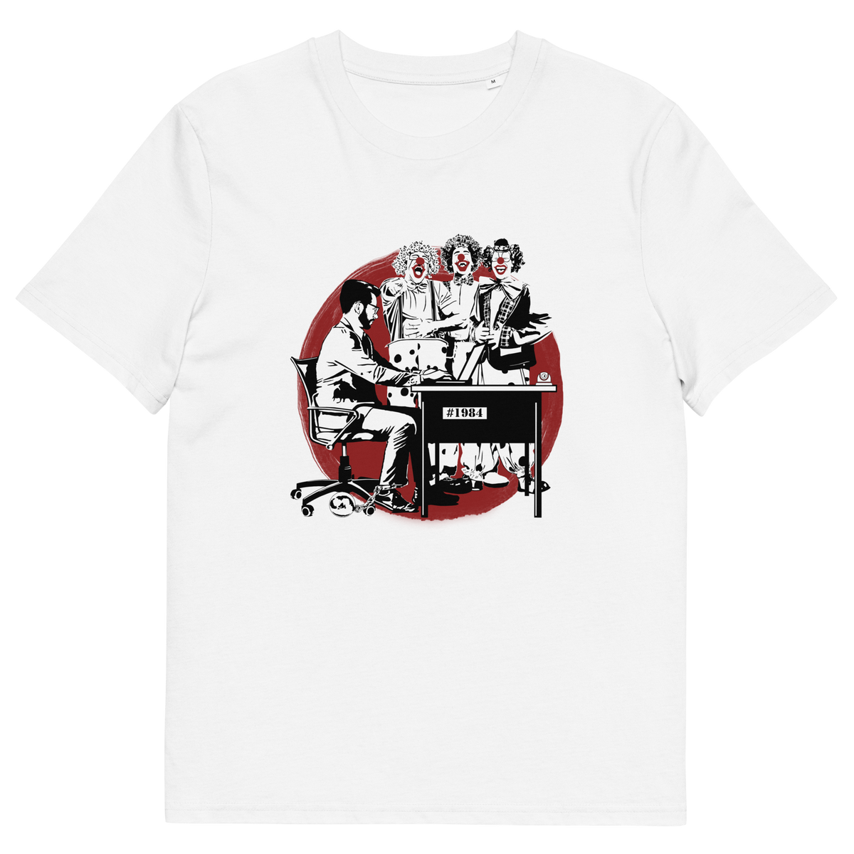 A white short sleeved crew neck t-shirt with a white and red graphic of three clowns laughing and pointing at an office worker.