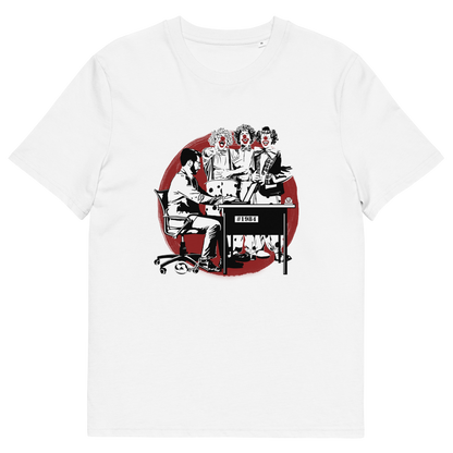 A white short sleeved crew neck t-shirt with a white and red graphic of three clowns laughing and pointing at an office worker.