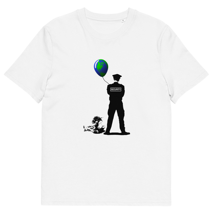 A white short sleeved crew neck t-shirt with a graffiti stencil design of a girl sitting on the floor, tying her shoelace while a security guard looks after her globe balloon. 