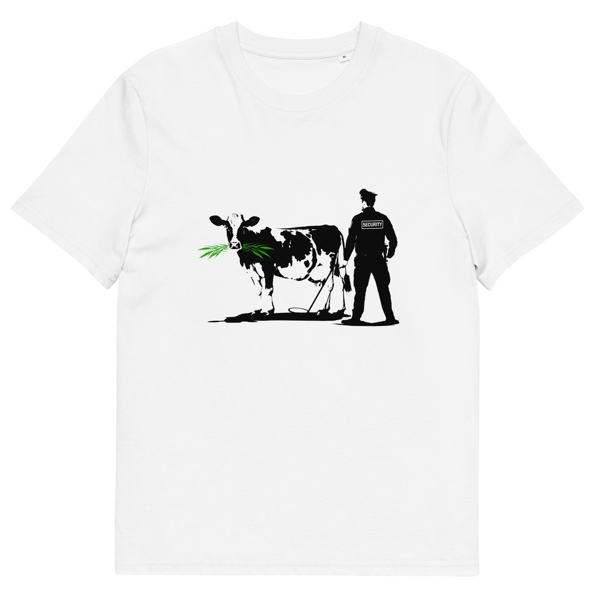 A white  short sleeved crew neck t-shirt with a graffiti stencil design of a cow being checked by a security guard.