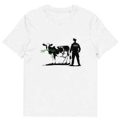 A white  short sleeved crew neck t-shirt with a graffiti stencil design of a cow being checked by a security guard.