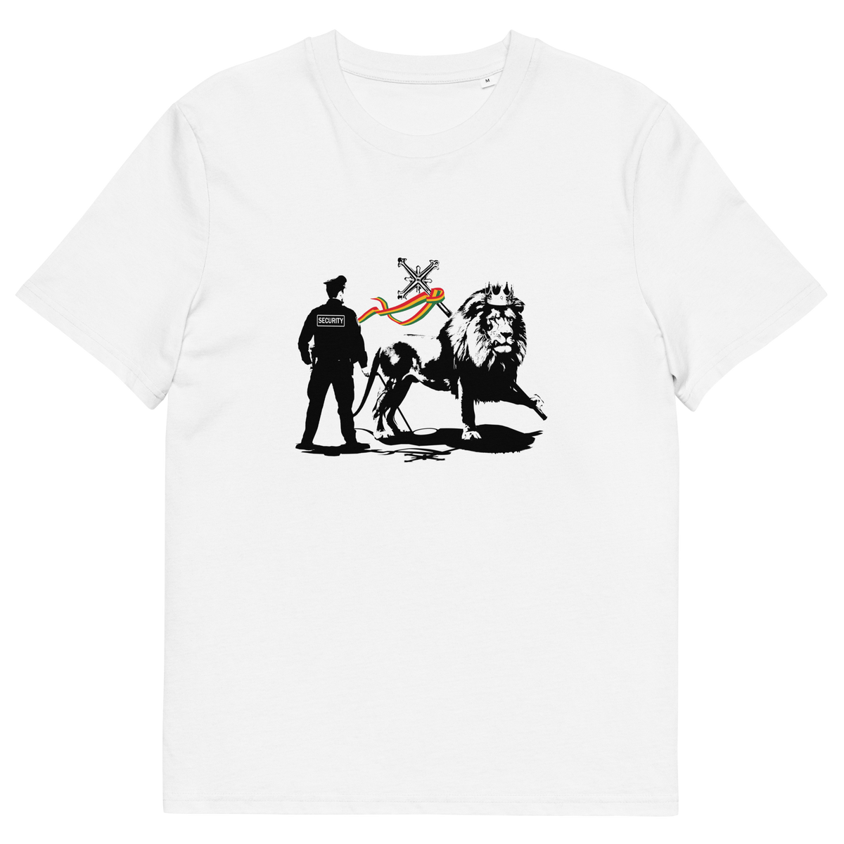A white short sleeved crew neck t-shirt with a graffiti stencil design of a security guard checking the underside of the Lion of Judah for explosives.