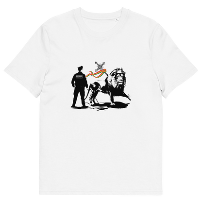 A white short sleeved crew neck t-shirt with a graffiti stencil design of a security guard checking the underside of the Lion of Judah for explosives.