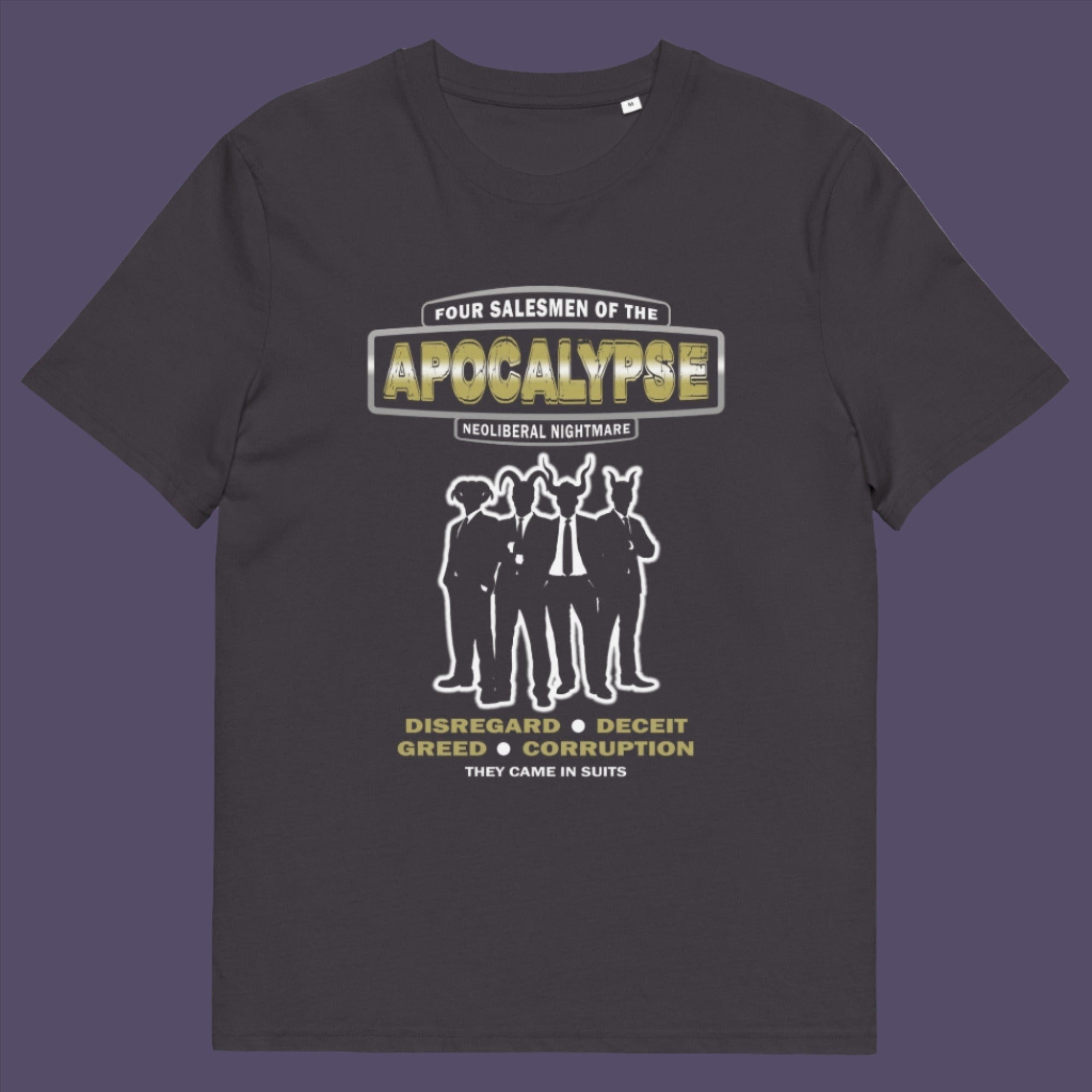 A design with a biblical hint and a satirical look at how neoliberalism could bring on the downfall of our civilisation and the form it will take. Made from 100% organic ring-spun cotton, this unisex t-shirt is a total must-have. It's high-quality, super comfy, and best of all—eco-friendly.