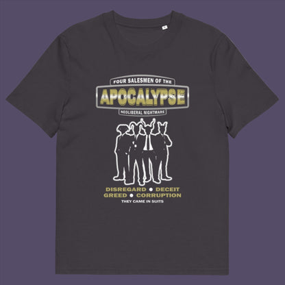 A design with a biblical hint and a satirical look at how neoliberalism could bring on the downfall of our civilisation and the form it will take. Made from 100% organic ring-spun cotton, this unisex t-shirt is a total must-have. It's high-quality, super comfy, and best of all—eco-friendly.