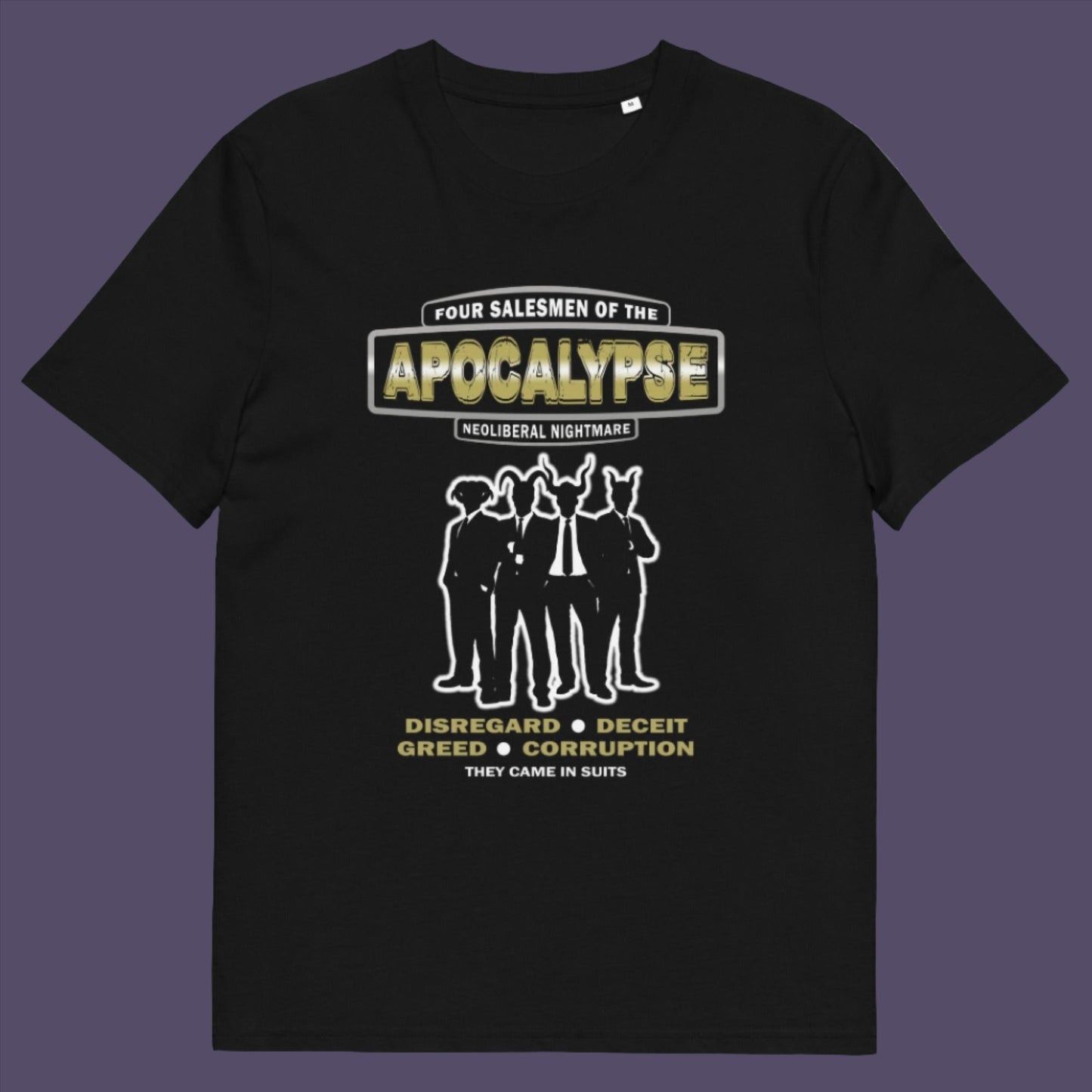 A design with a biblical hint and a satirical look at how neoliberalism could bring on the downfall of our civilisation and the form it will take. Made from 100% organic ring-spun cotton, this unisex t-shirt is a total must-have. It's high-quality, super comfy, and best of all—eco-friendly.