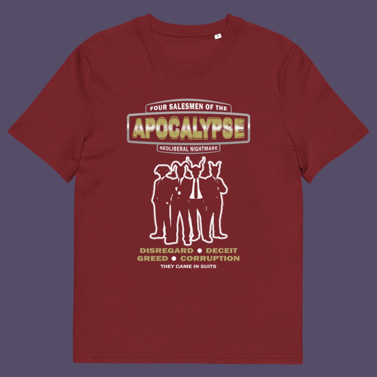 A design with a biblical hint and a satirical look at how neoliberalism could bring on the downfall of our civilisation and the form it will take. Made from 100% organic ring-spun cotton, this unisex t-shirt is a total must-have. It's high-quality, super comfy, and best of all—eco-friendly.