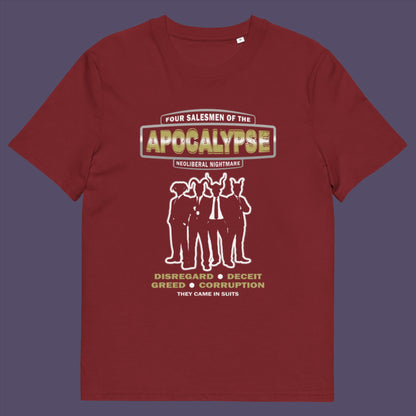 A design with a biblical hint and a satirical look at how neoliberalism could bring on the downfall of our civilisation and the form it will take. Made from 100% organic ring-spun cotton, this unisex t-shirt is a total must-have. It's high-quality, super comfy, and best of all—eco-friendly.