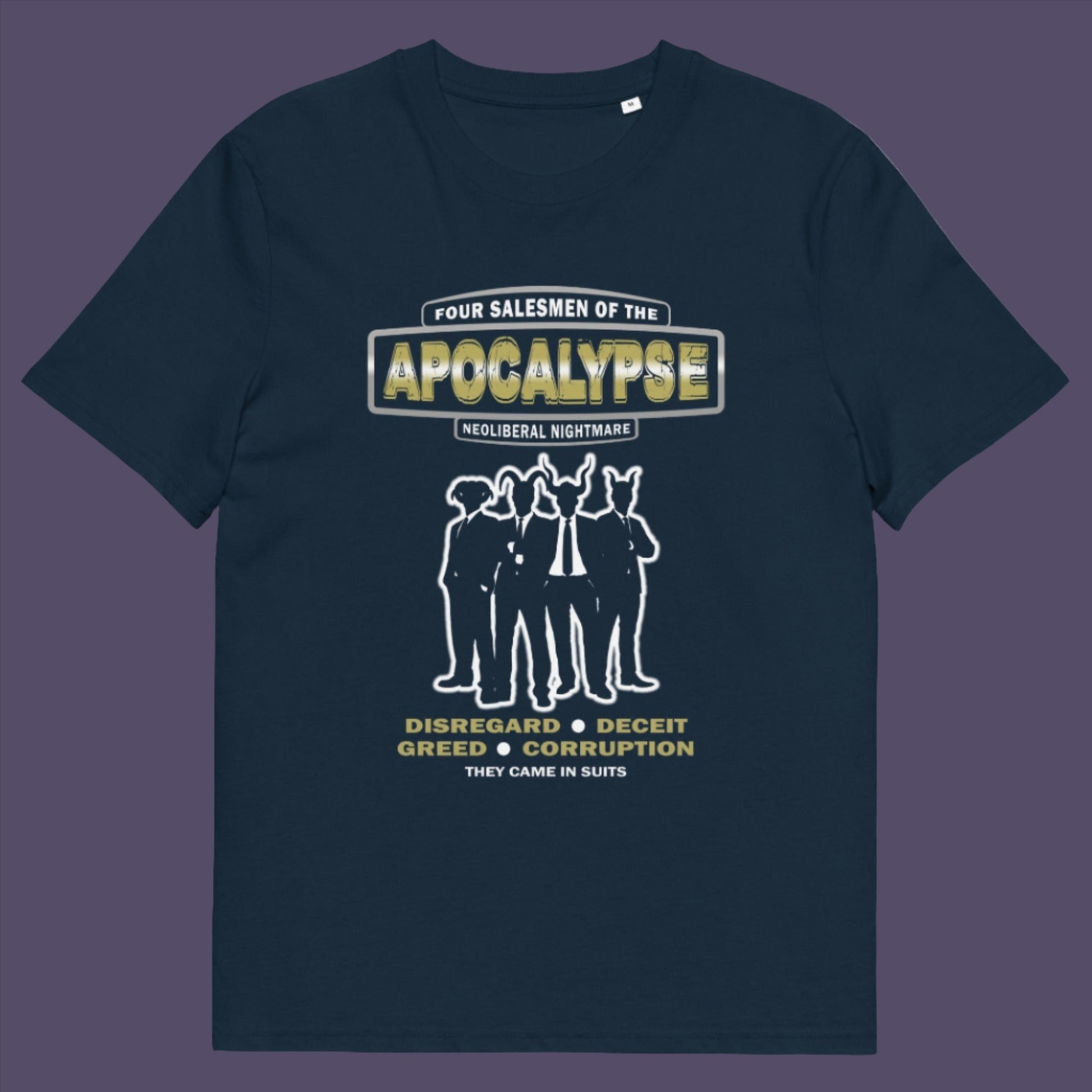 A design with a biblical hint and a satirical look at how neoliberalism could bring on the downfall of our civilisation and the form it will take. Made from 100% organic ring-spun cotton, this unisex t-shirt is a total must-have. It's high-quality, super comfy, and best of all—eco-friendly.