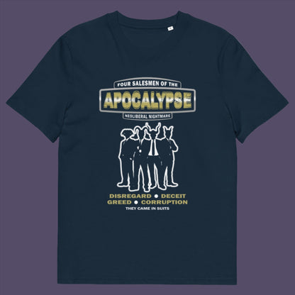 A design with a biblical hint and a satirical look at how neoliberalism could bring on the downfall of our civilisation and the form it will take. Made from 100% organic ring-spun cotton, this unisex t-shirt is a total must-have. It's high-quality, super comfy, and best of all—eco-friendly.