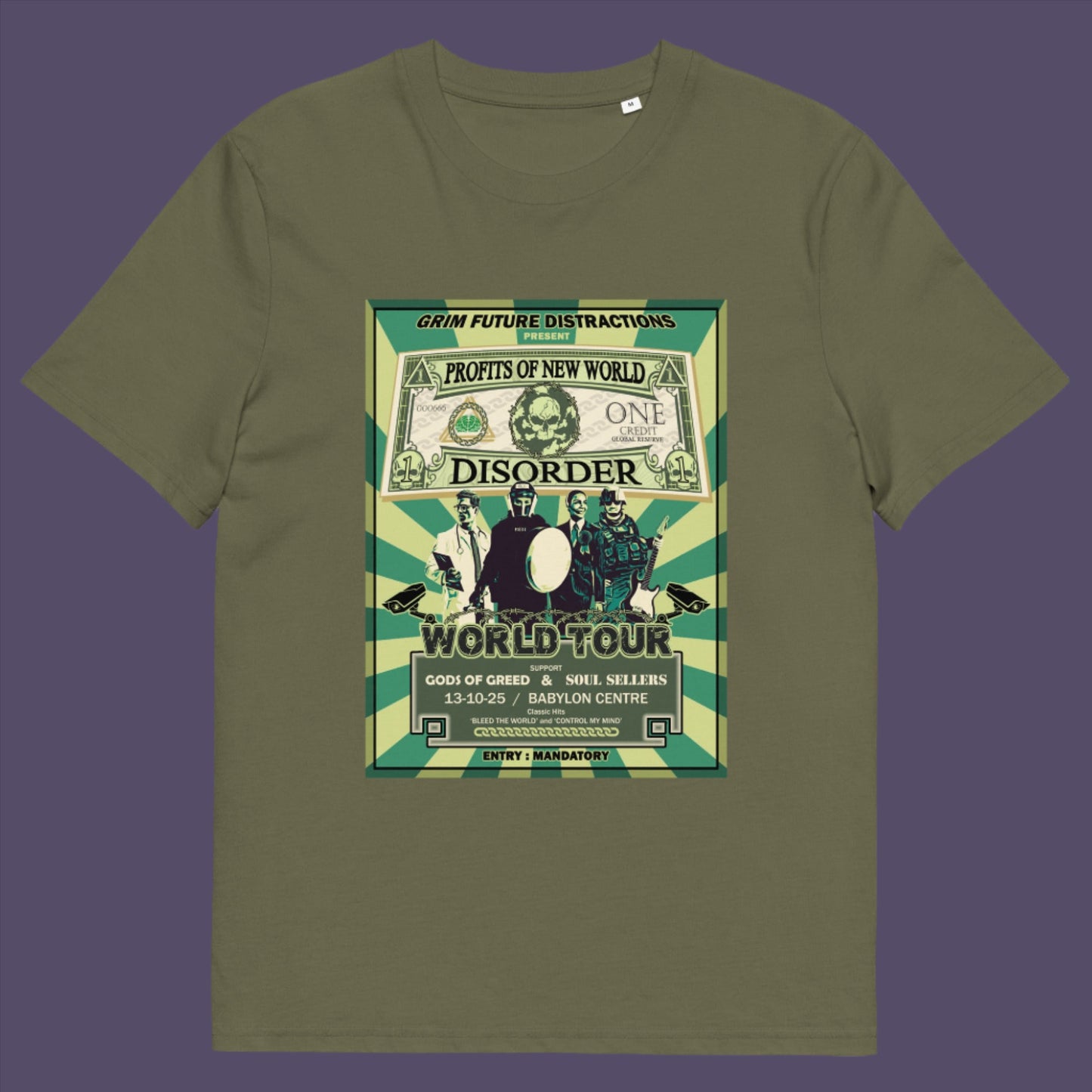 A spoof band tour T-shirt with a satirical view of the forces that influence our society now and for the foreseeable future. Made from 100% organic ring-spun cotton, this unisex t-shirt is a total must-have. It's high-quality, super comfy, and best of all—eco-friendly.