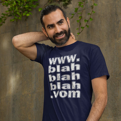 Man wearing a French navy blue t-shirt with text, standing against a concrete wall with greenery. A non conformist t shirt for those who are bored and sickened by how much of their world exists through the internet nowadays. Show how unimpressed you are with this nonconformist t-shirt design. Made from 100% organic ring-spun cotton, this social awareness t shirt is unisex, high-quality, super comfy, and best of all, eco-friendly.