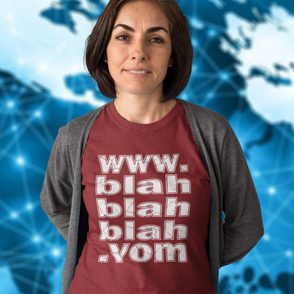 Woman wearing a burgundy  t-shirt with text in front of a blue abstract background. A non conformist t shirt for those who are bored and sickened by how much of their world exists through the internet nowadays. Show how unimpressed you are with this nonconformist t-shirt design. Made from 100% organic ring-spun cotton, this social awareness t shirt is unisex, high-quality, super comfy, and best of all, eco-friendly.