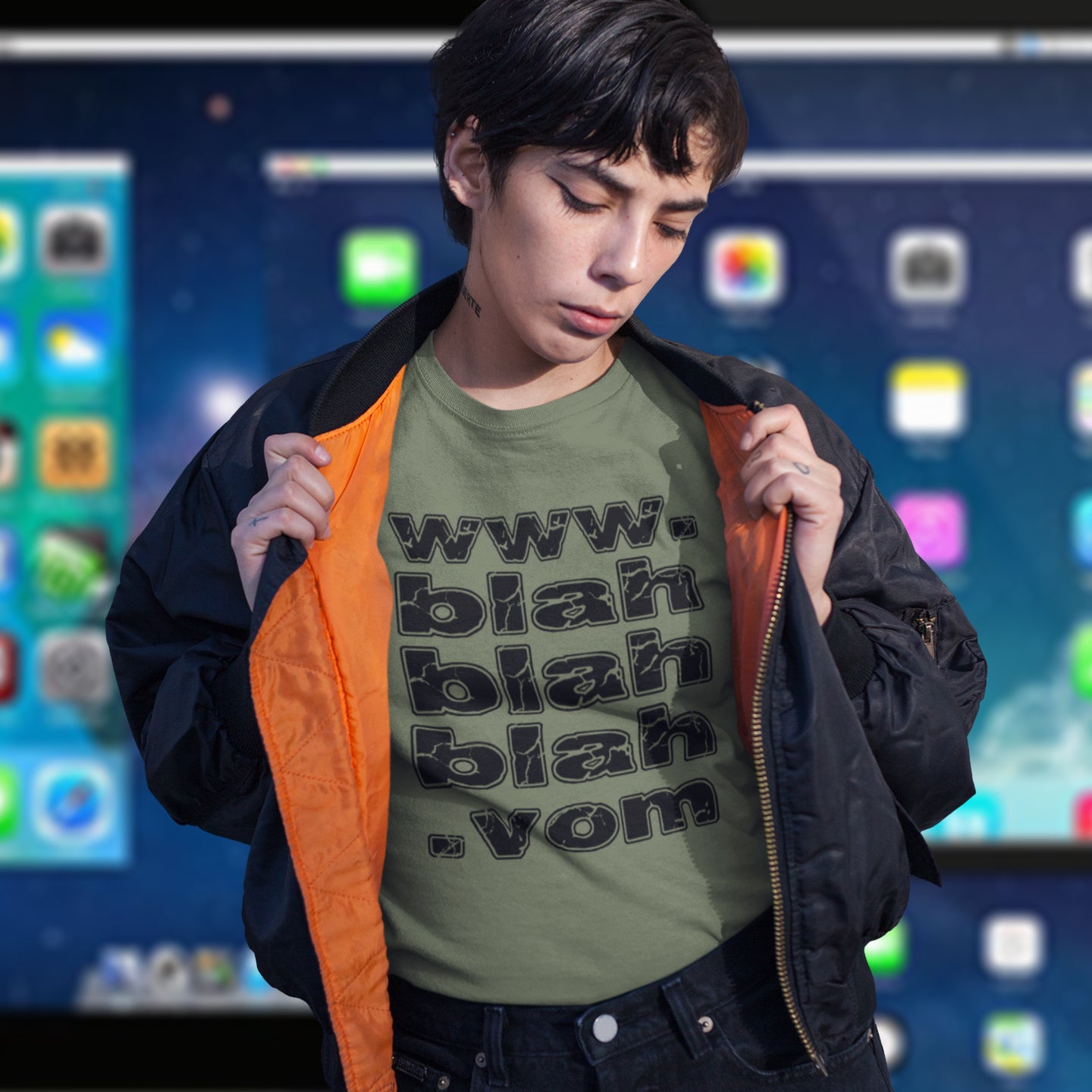 Person wearing a khaki t-shirt with text and an open black jacket against a colourful screen background. A non conformist t shirt for those who are bored and sickened by how much of their world exists through the internet nowadays. Show how unimpressed you are with this nonconformist t-shirt design. Made from 100% organic ring-spun cotton, this social awareness t shirt is unisex, high-quality, super comfy, and best of all, eco-friendly.