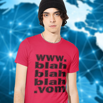 Person wearing a red t-shirt with text against a blue abstract background. A non conformist t shirt for those who are bored and sickened by how much of their world exists through the internet nowadays. Show how unimpressed you are with this nonconformist t-shirt design. Made from 100% organic ring-spun cotton, this social awareness t shirt is unisex, high-quality, super comfy, and best of all, eco-friendly.
